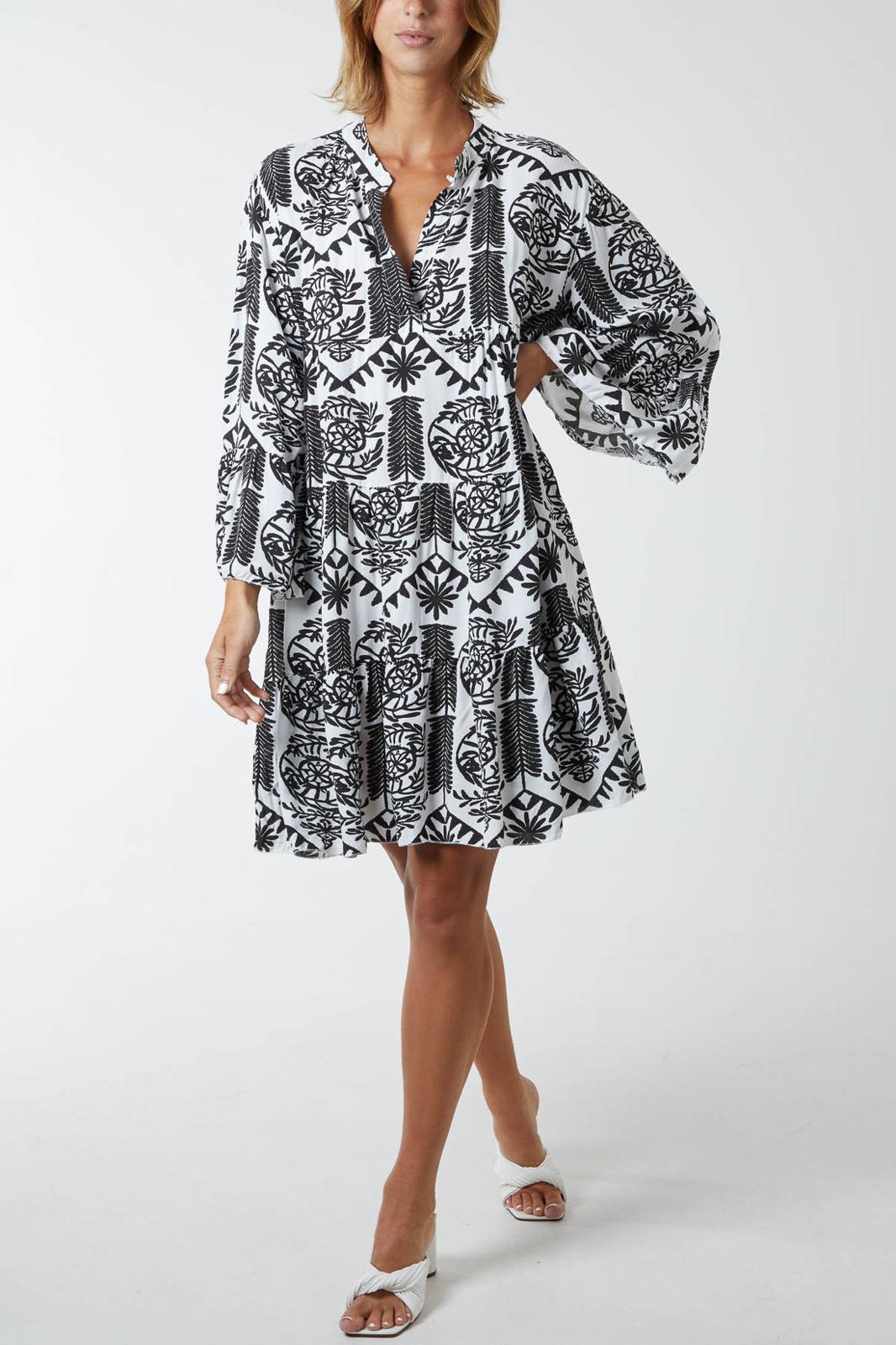 Baroque tiered floral smock print dress - black