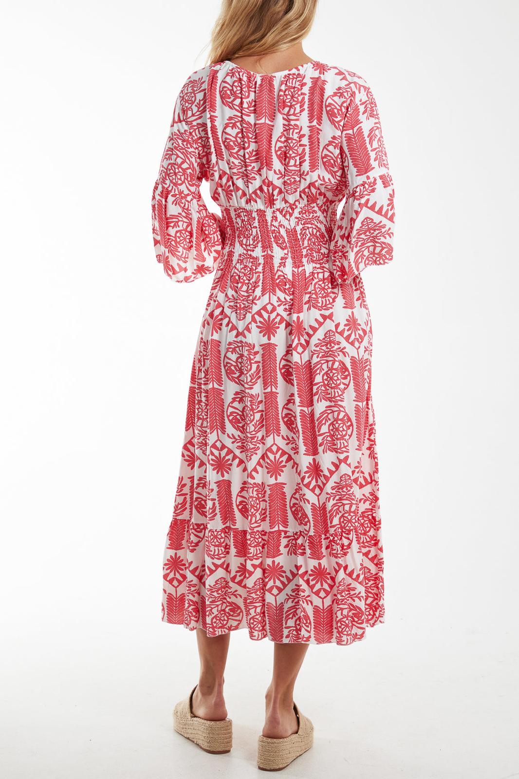 Baroque floral shirred midi dress - pink