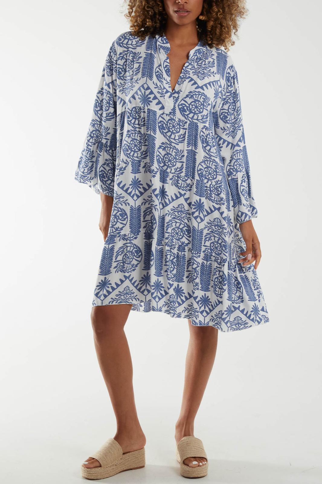 Baroque tiered floral smock print dress - denim