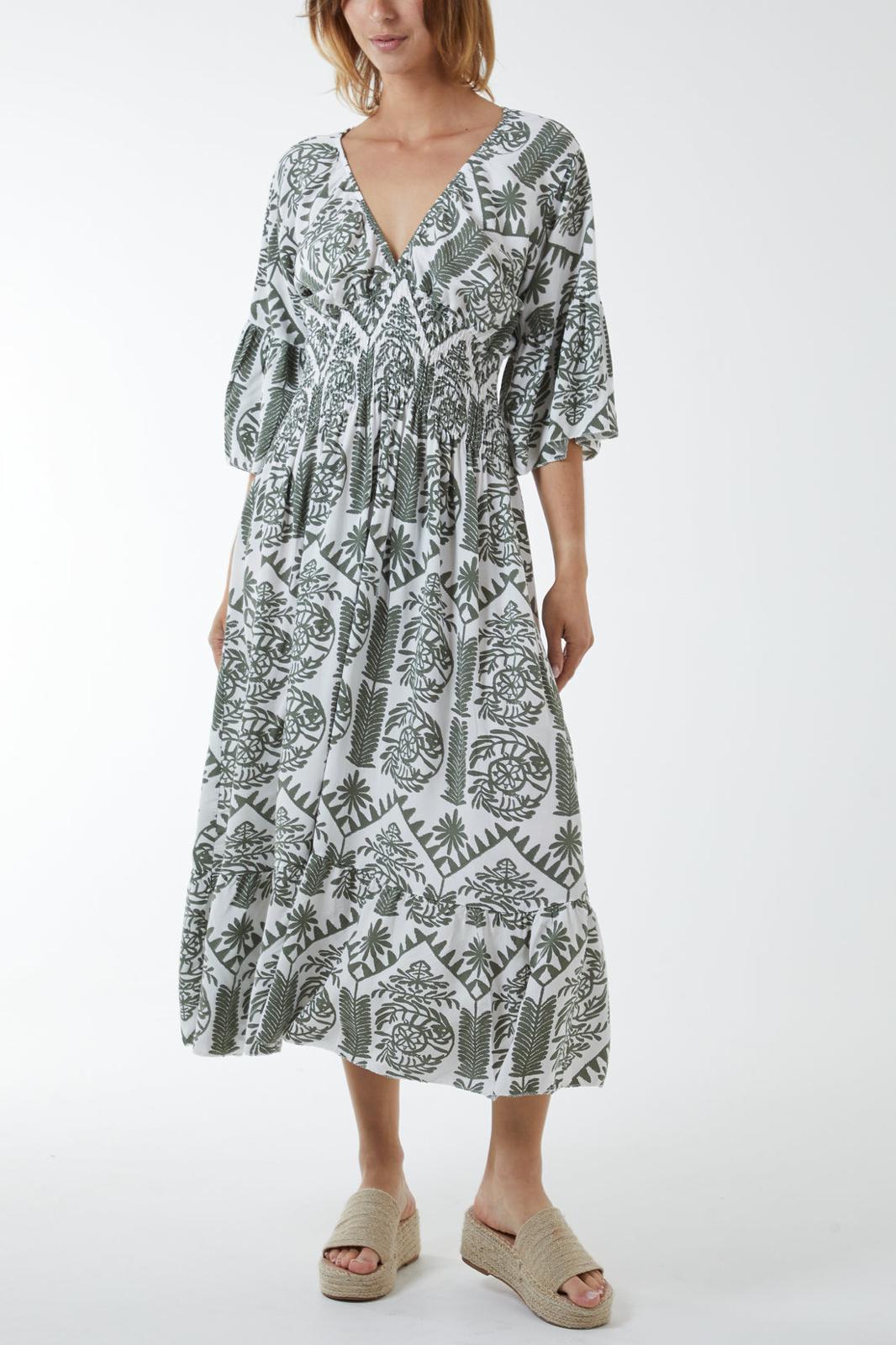 Baroque floral shirred midi dress - khaki