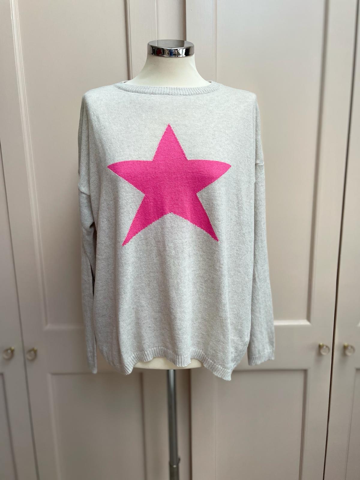 Star cashmere and merino wool mix jumper - beige and fuchsia