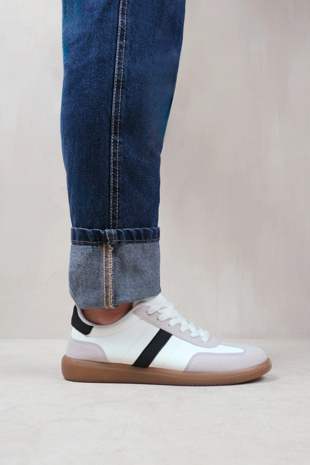 Pace Contrast Panel Lace Up Gum Sole Trainers with black and white detail