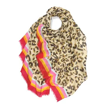 Leopard print scarf with colourful border line - red