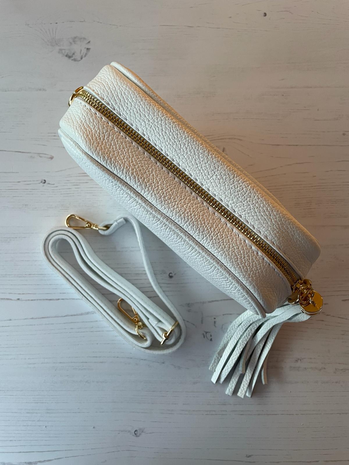 Tassel crossbody leather camera bag - white