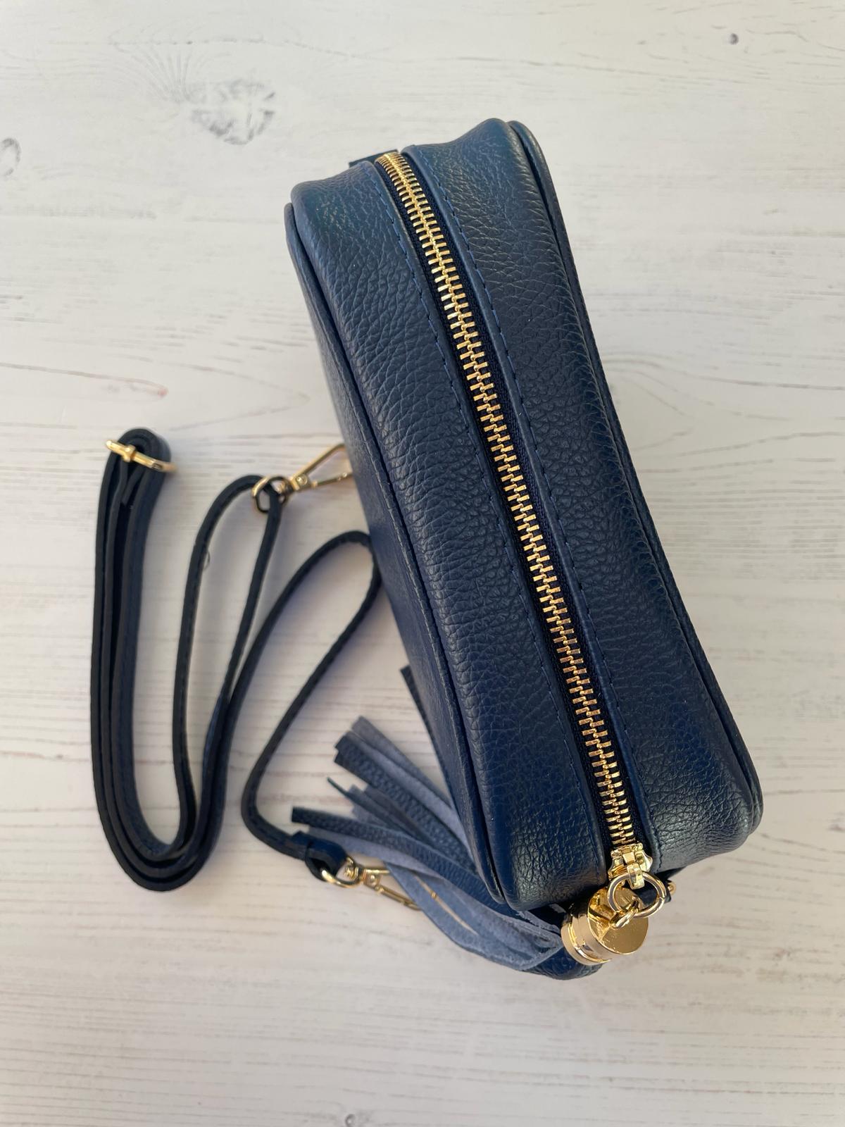 Tassel crossbody leather camera bag - navy