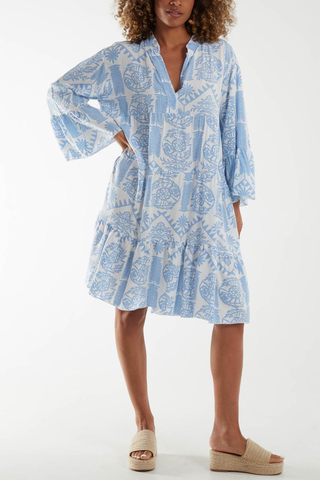 Baroque tiered floral smock print dress - light blue