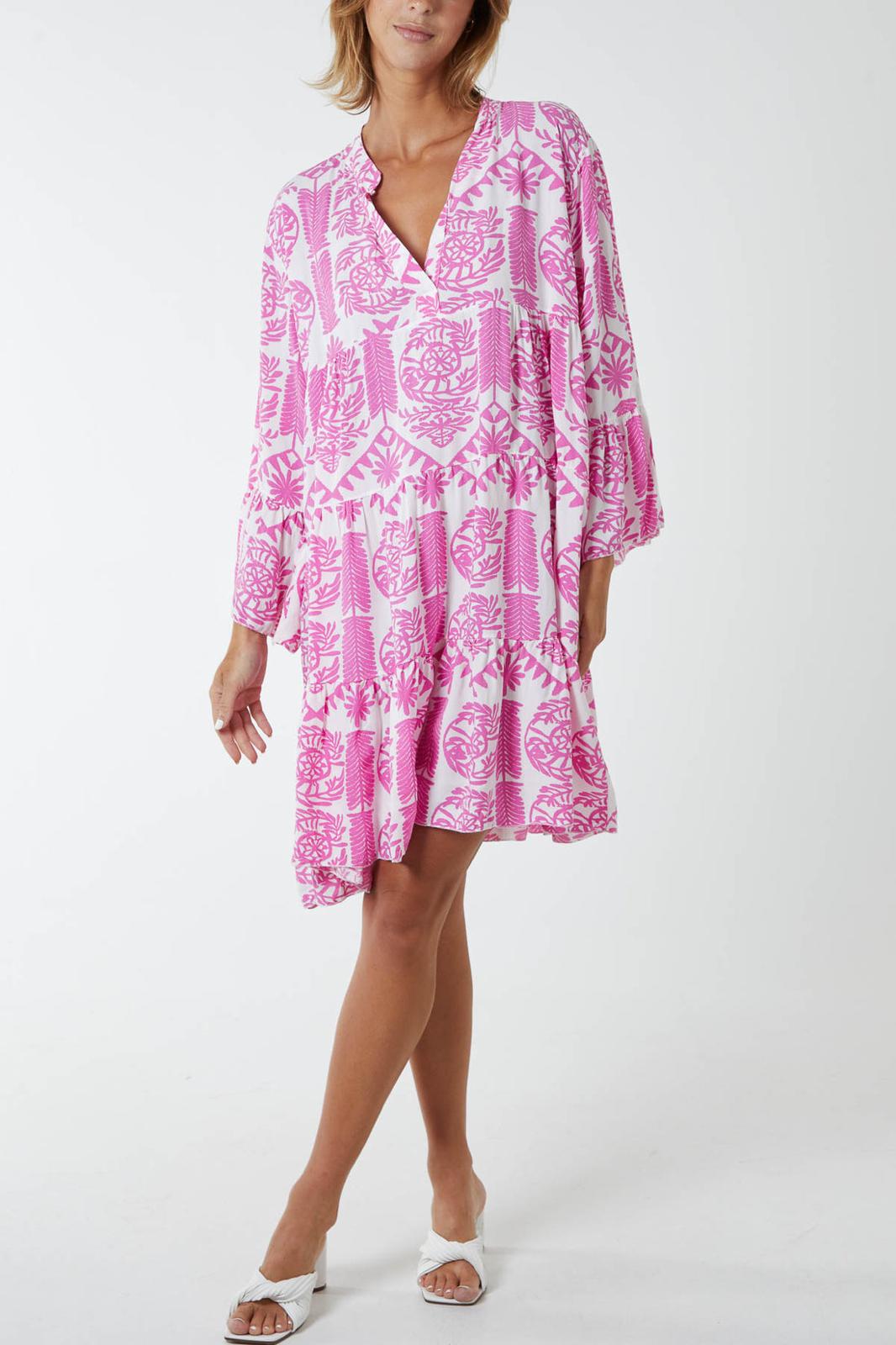 Baroque tiered floral smock print dress - pink