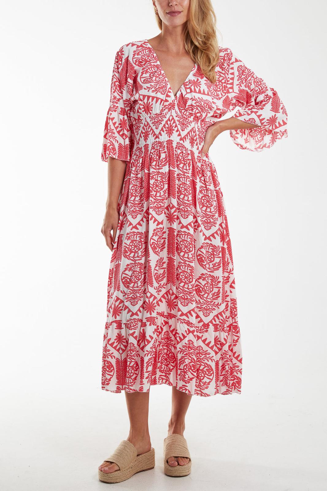 Baroque floral shirred midi dress - pink