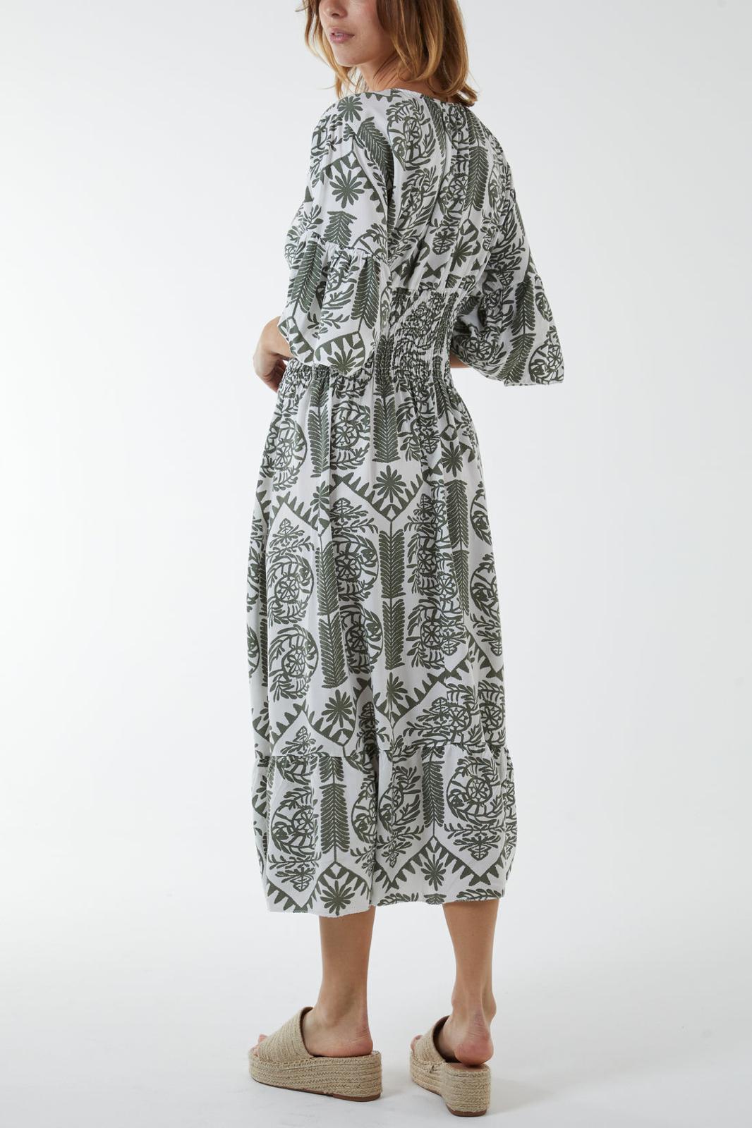 Baroque floral shirred midi dress - khaki