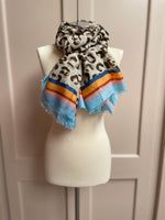 Leopard print scarf with colourful border line - blue