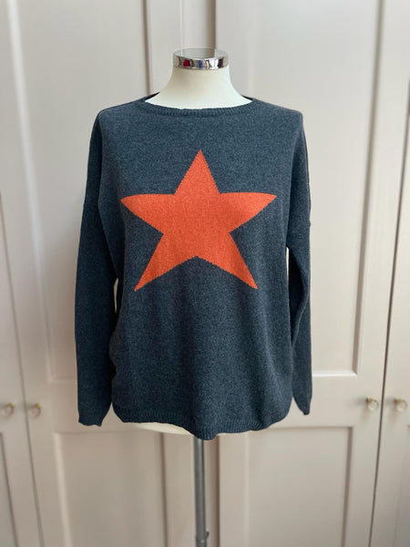 Star cashmere and merino wool mix jumper - charcoal and orange