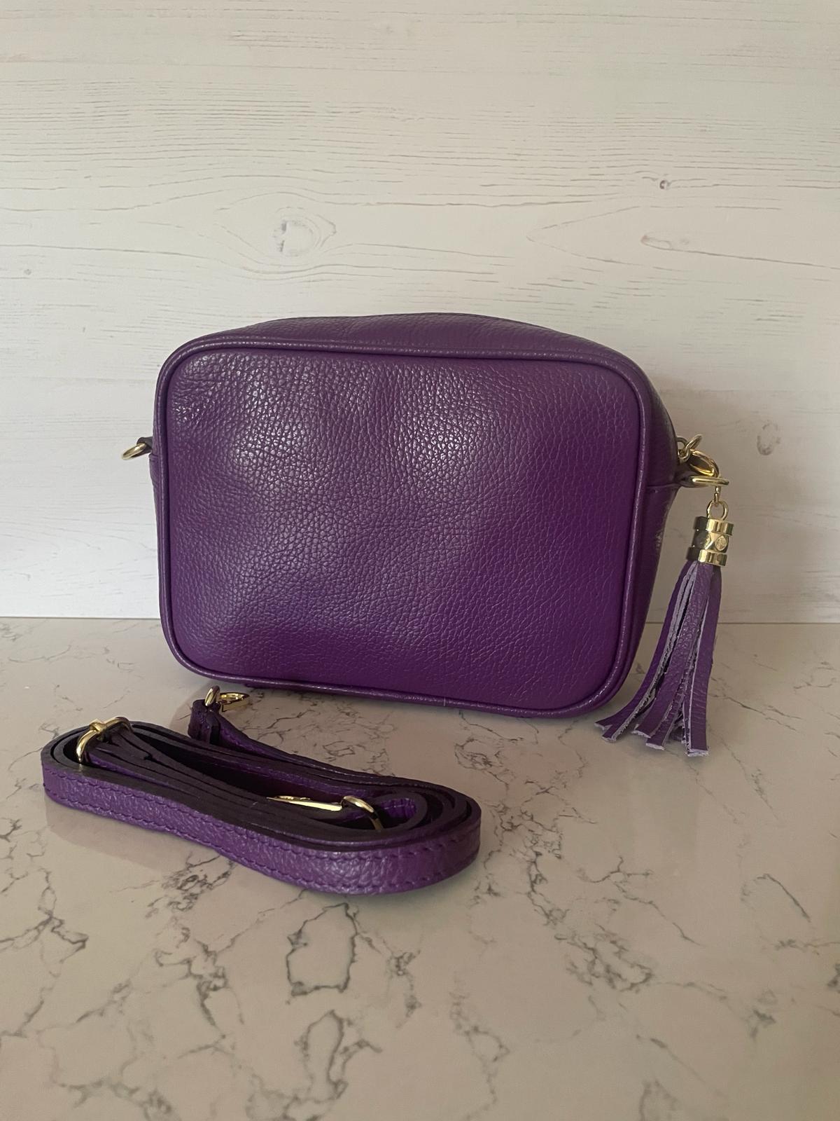 Tassel crossbody leather camera bag - purple