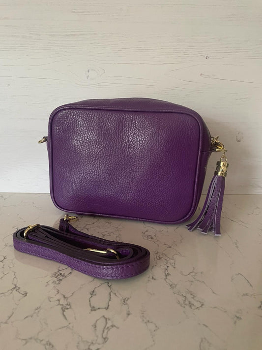 Tassel crossbody leather camera bag - purple