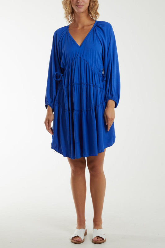 V-neckline tiered smock midi dress - royal blue