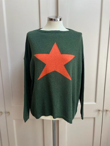 Star cashmere and merino wool mix jumper - khaki and orange