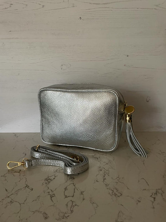 Tassel crossbody leather camera bag - silver