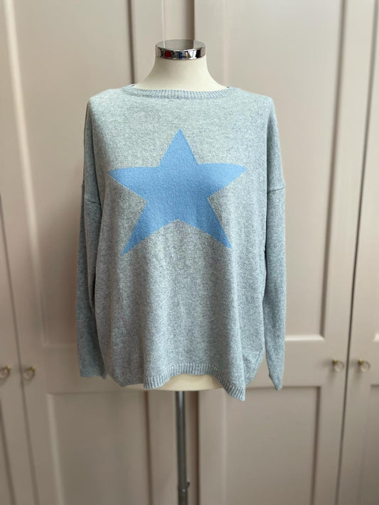 Star cashmere and merino wool mix jumper - light grey and light blue