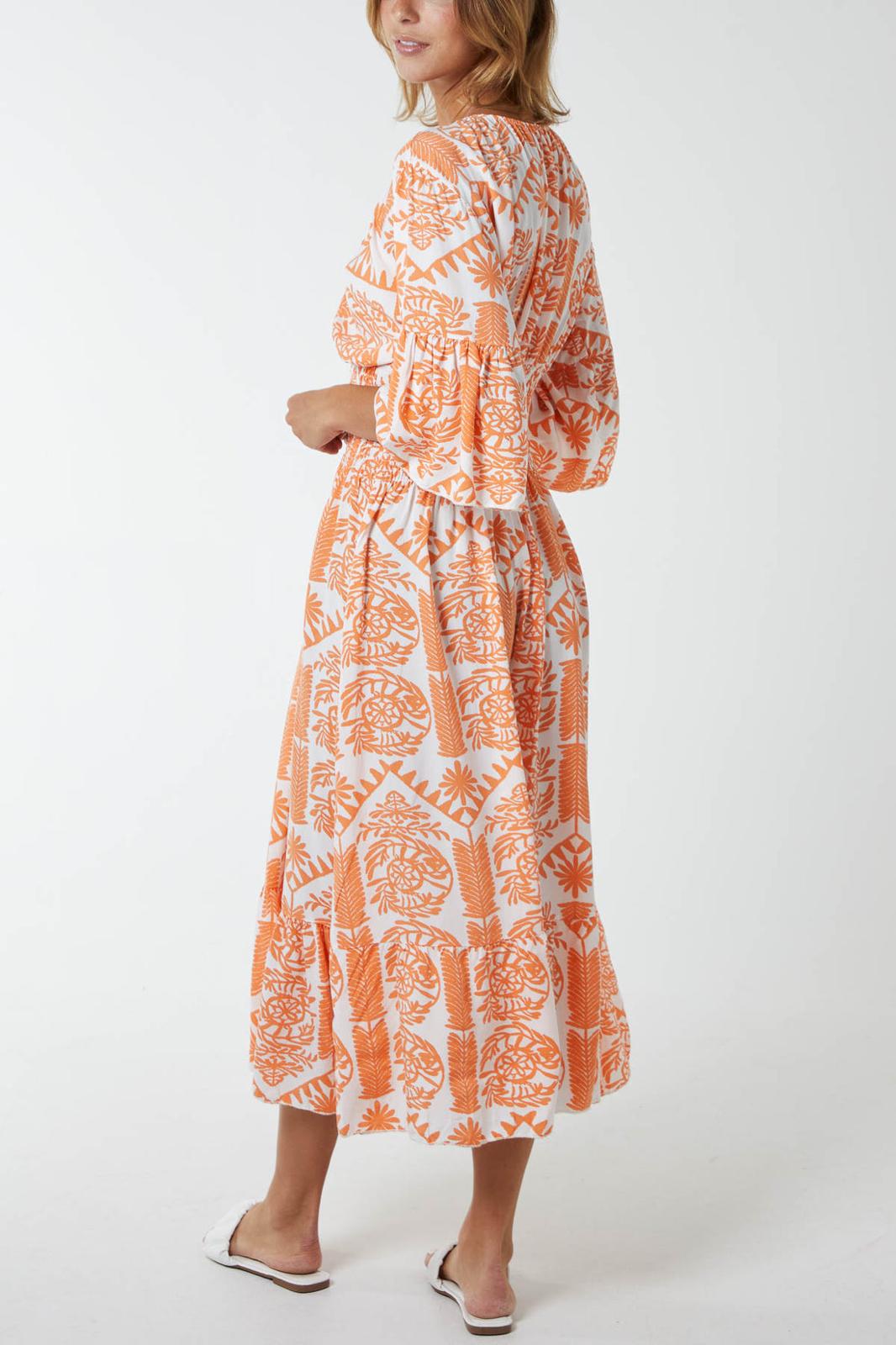 Baroque floral shirred midi dress - orange