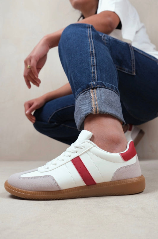 Pace Contrast Panel Lace Up Gum Sole Trainers with Red detail