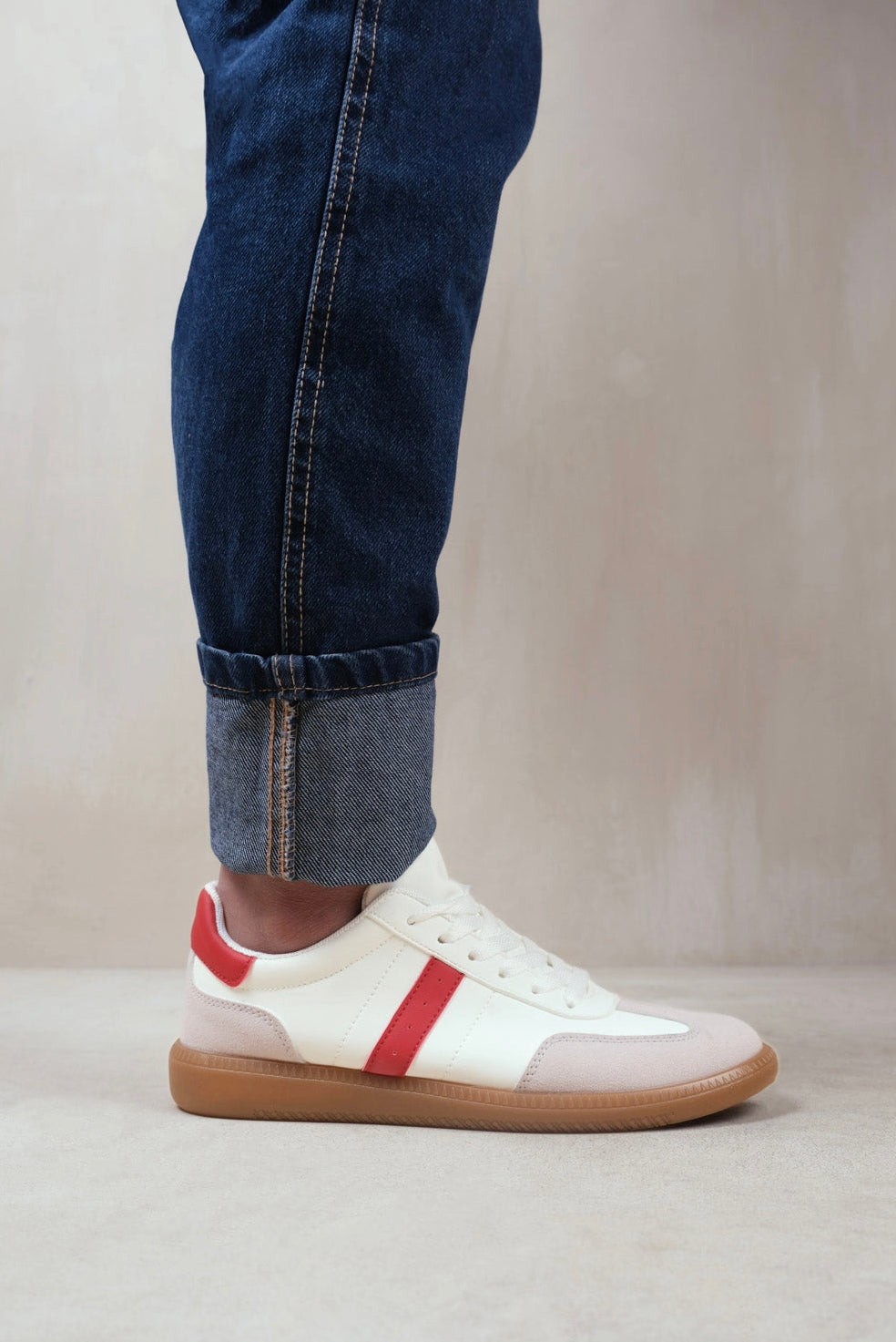 Pace Contrast Panel Lace Up Gum Sole Trainers with Red detail