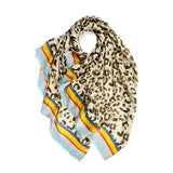 Leopard print scarf with colourful border line - blue