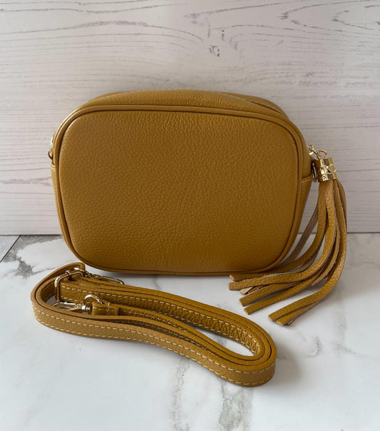 Tassel crossbody leather camera bag - ochre