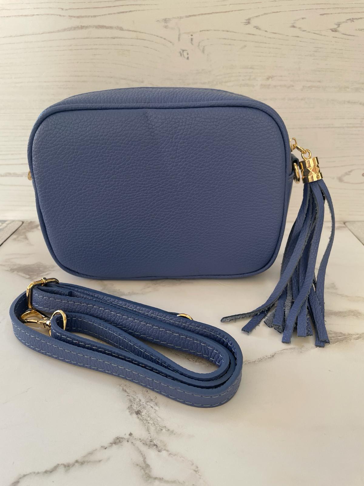 Tassel crossbody leather camera bag - hyacinth blue