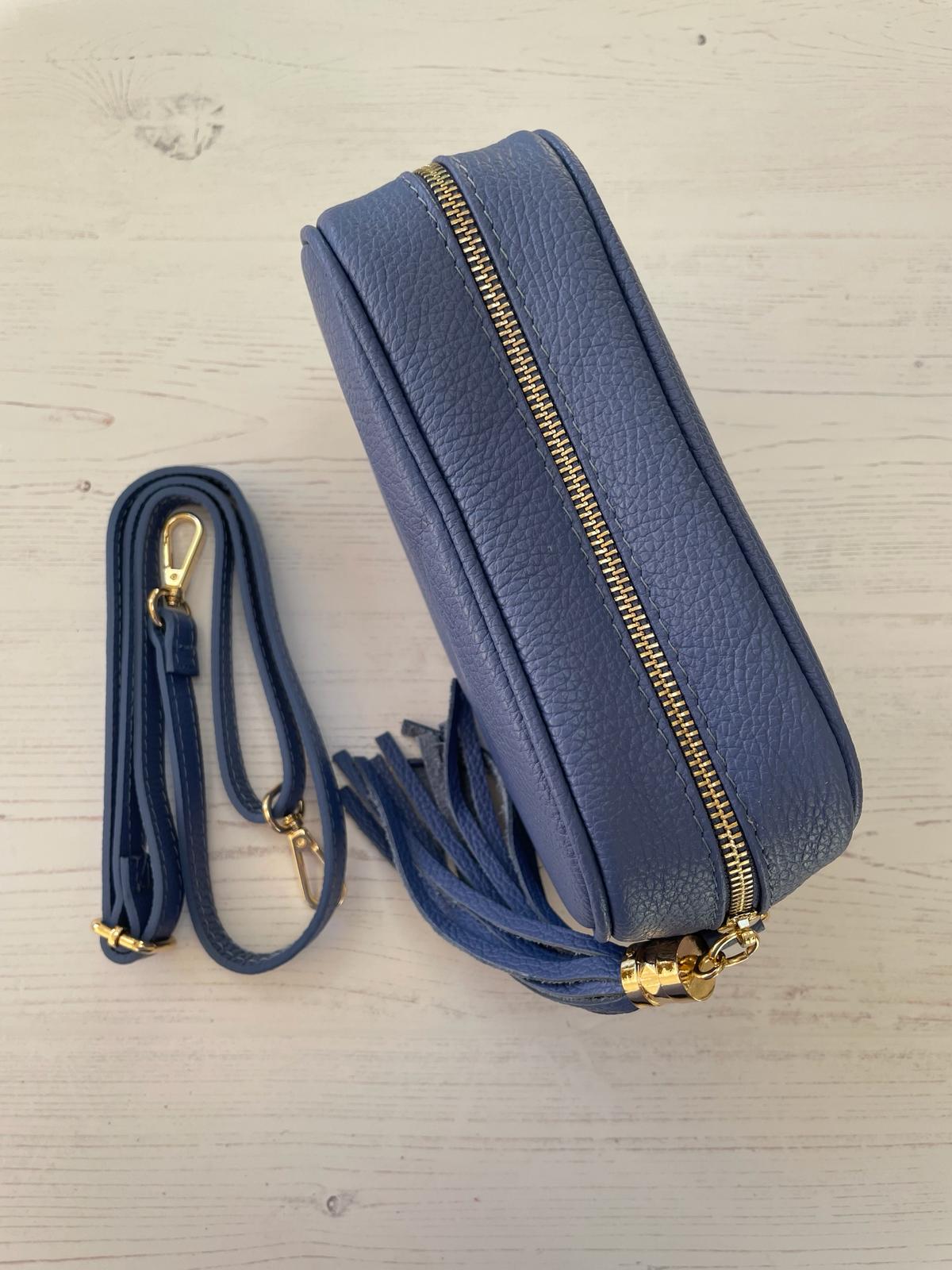 Tassel crossbody leather camera bag - hyacinth blue