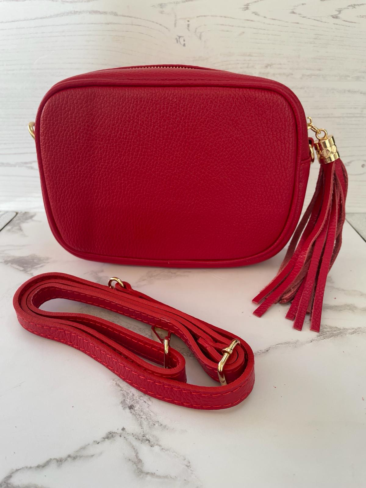 Tassel crossbody leather camera bag - red