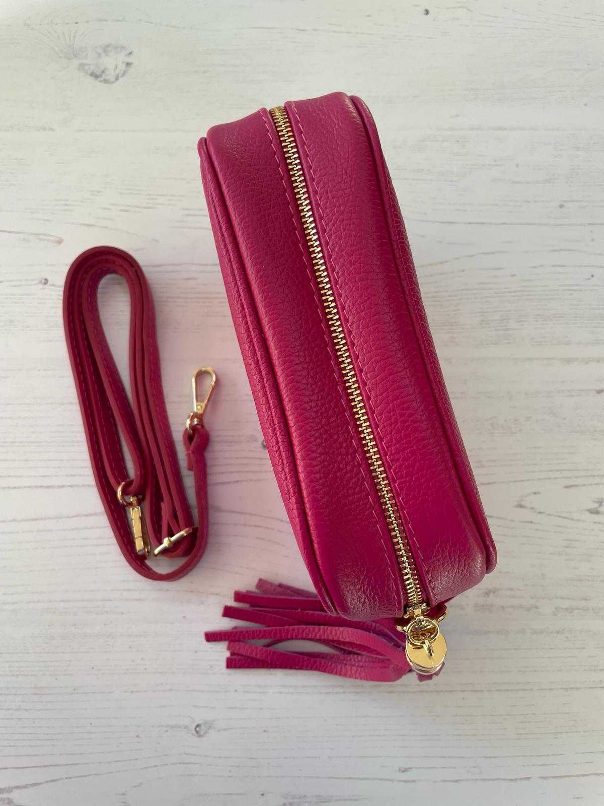 Tassel crossbody leather camera bag - fuchsia