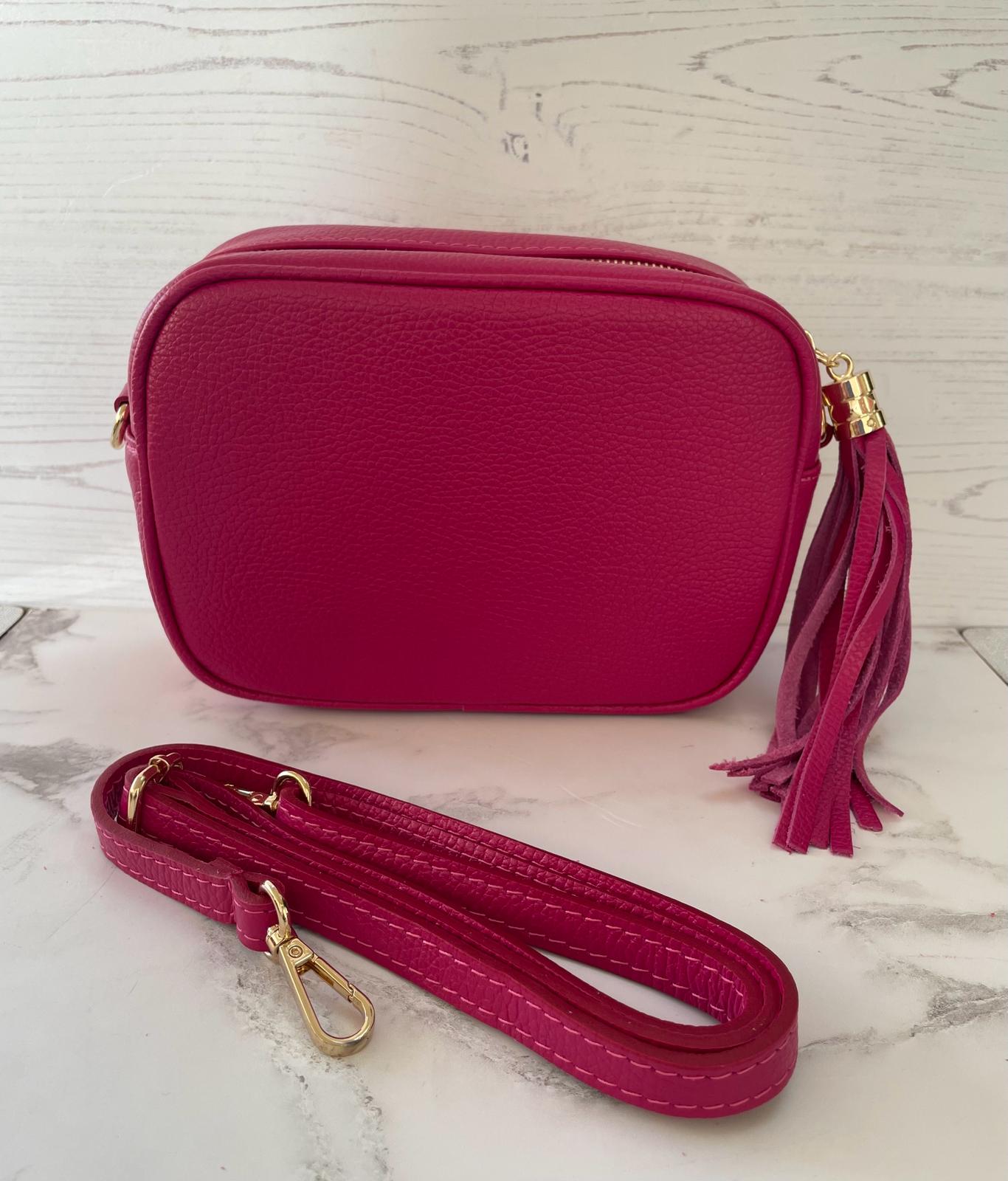 Tassel crossbody leather camera bag - fuchsia