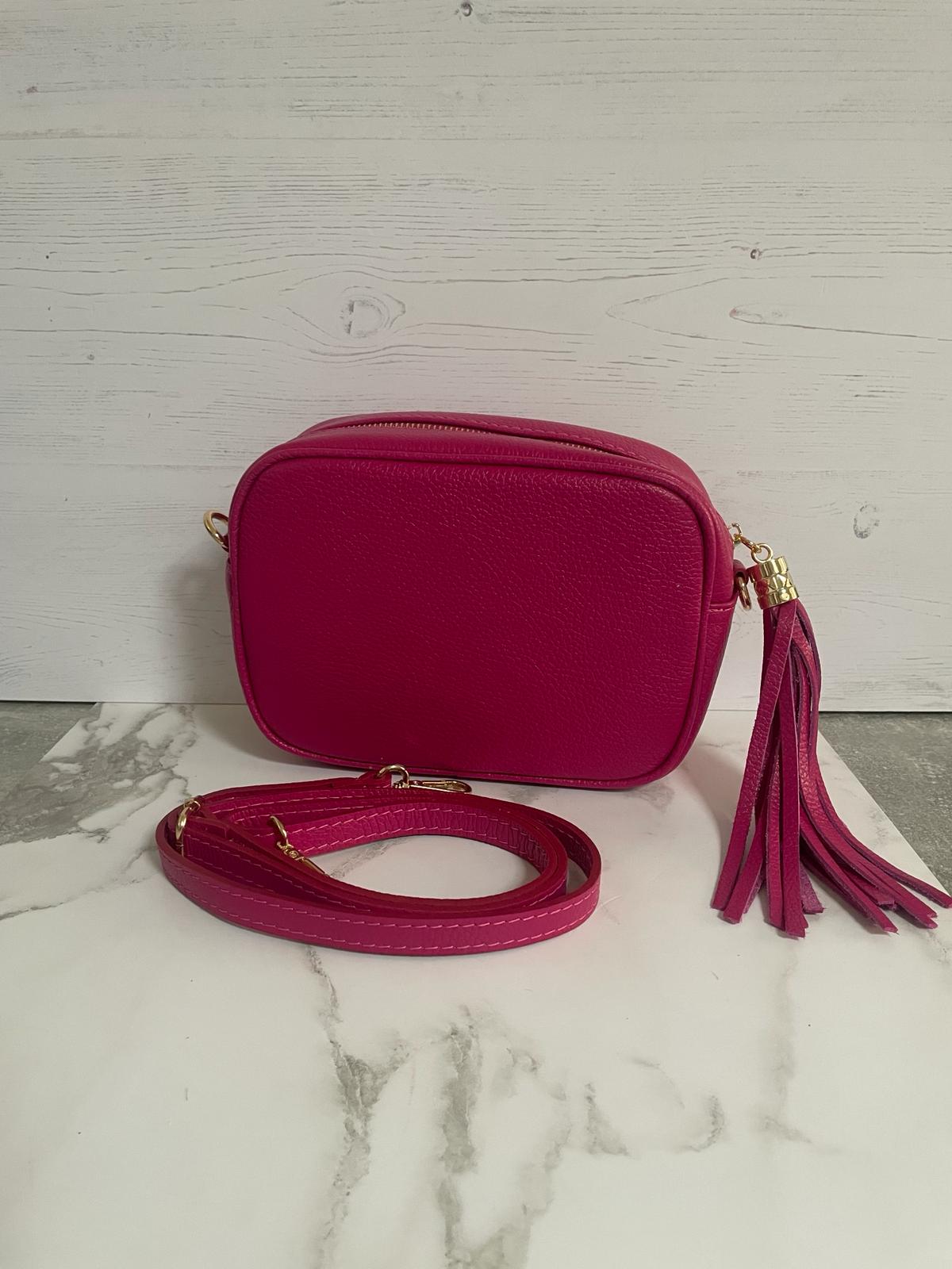 Tassel crossbody leather camera bag - fuchsia