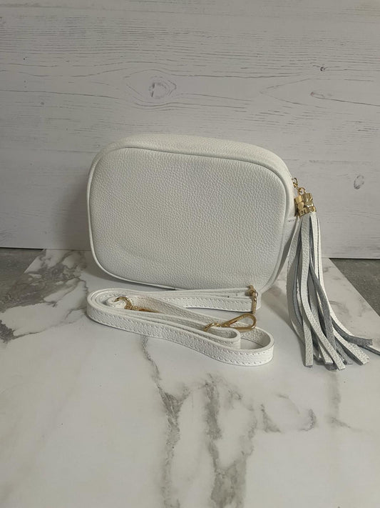 Tassel crossbody leather camera bag - white