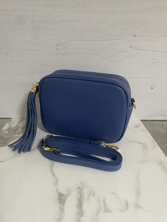 Tassel crossbody leather camera bag - hyacinth blue