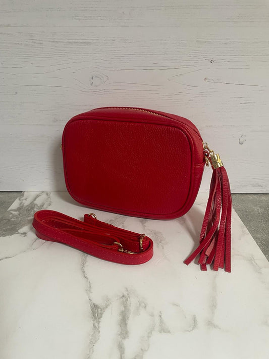 Tassel crossbody leather camera bag - red