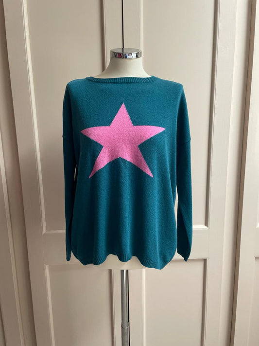 Star cashmere and merino wool mix jumper - teal and fuchsia