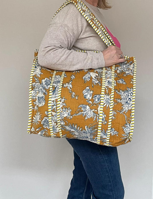Oversized indian tote bag - ochre floral