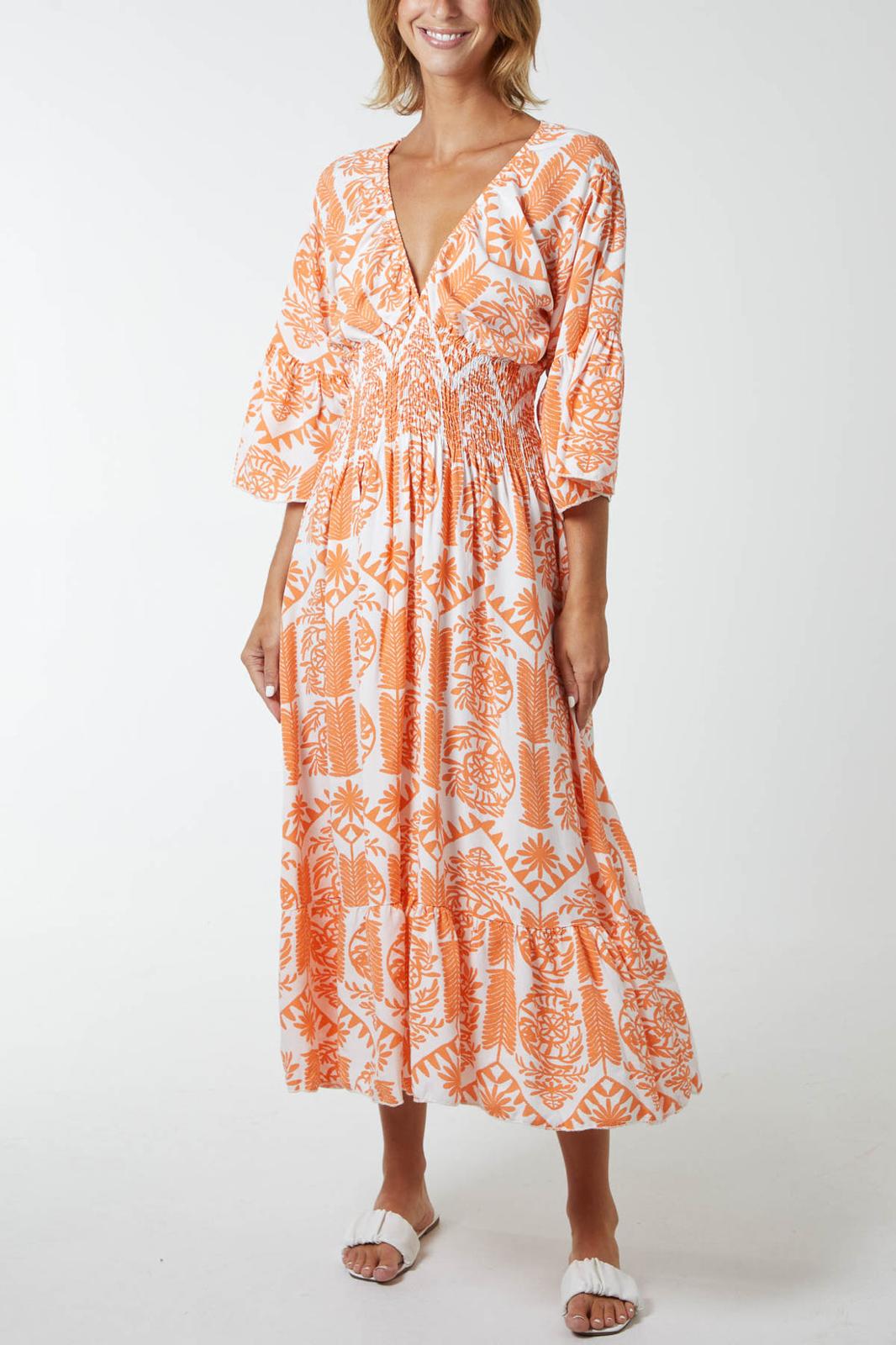 Baroque floral shirred midi dress - orange