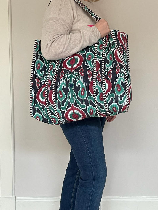 Oversized indian tote bag - red & green abstract