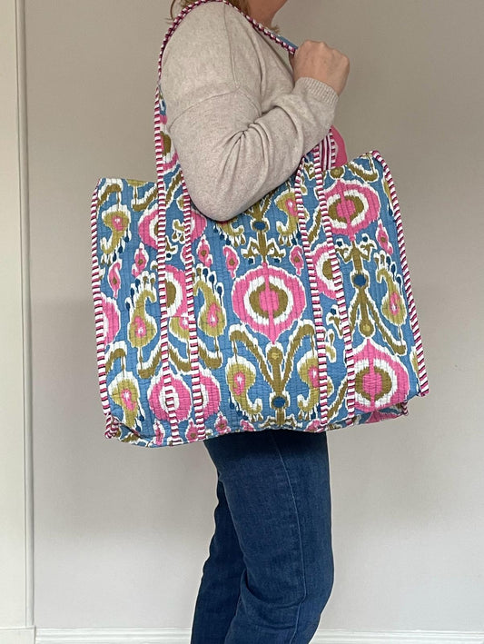 Oversized indian tote bag - blue & pink abstract