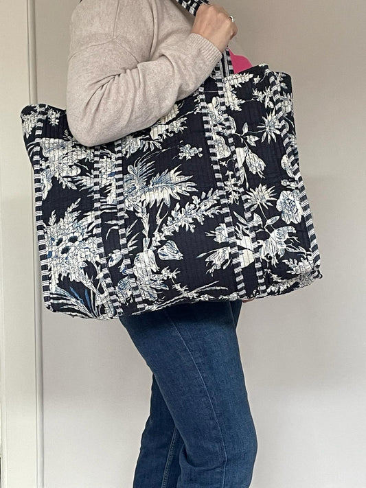 Oversized indian tote bag - blue & white floral