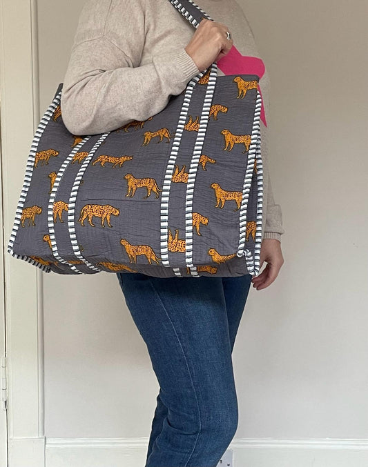 Oversized indian tote bag - grey leopard